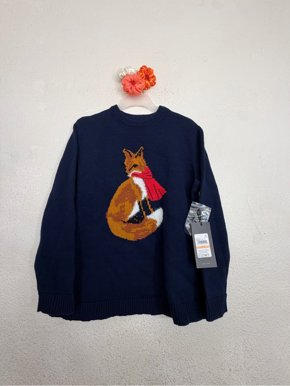 NWT Jones New York Fox Scarf Graphic Crewneck Sweater Navy Petite Small PS